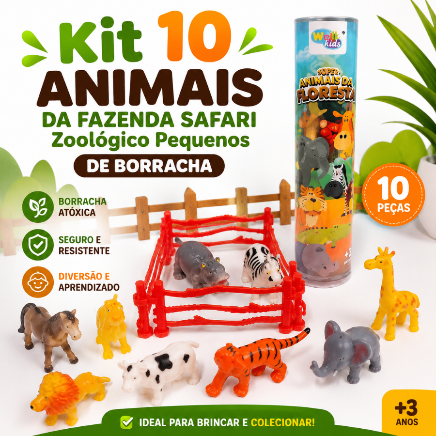 Kit 10 Animais Da Fazenda Safari Zoológico Pequenos De Borracha