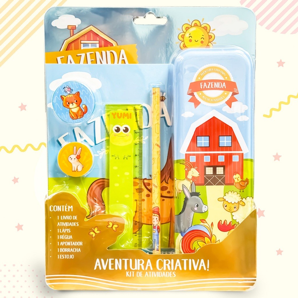 Livro Kit Escolar Fazenda - Livro Infantil De Atividades Educativas Com Estojo Lápis Régua Borracha E Apontador
