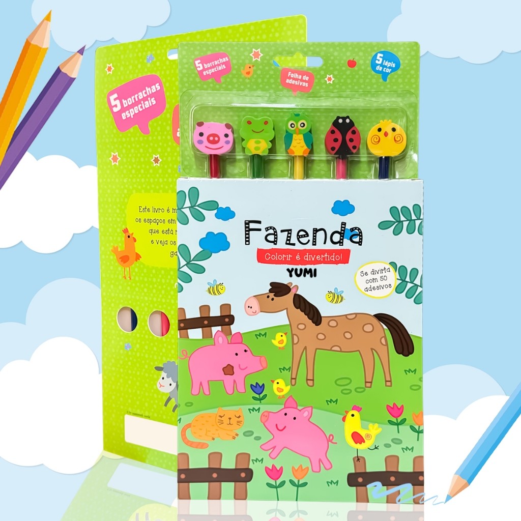 Kit Livro De Colorir : Fazenda | Com Adesivos E Lápis De Cor + Borracha De Bichinhos - Criança