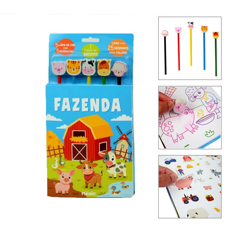 Livro Kit de Livro Fazenda - Com lápis e 5 borrachas para co