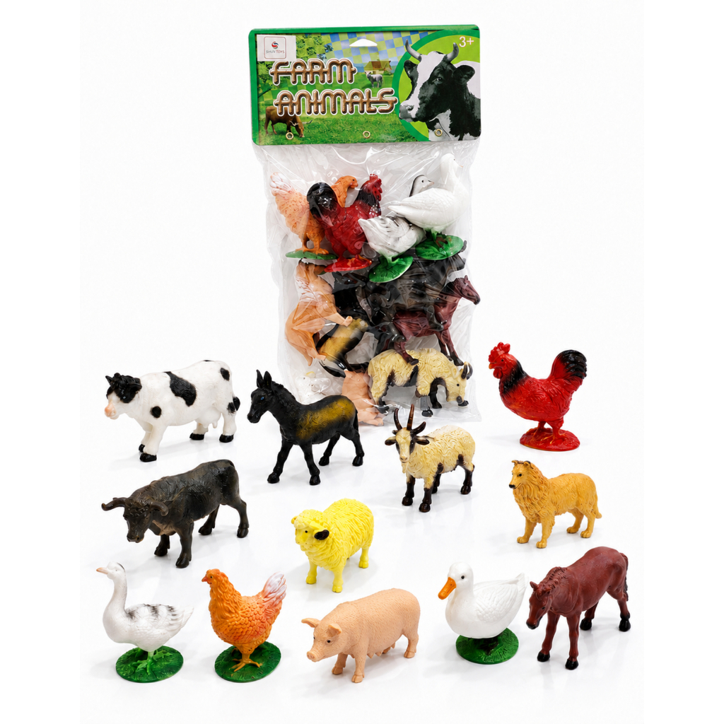 Kit 12 Animais Da Fazenda Safari Zoo Pequenos De Borracha Selvagens Cavalo Galo Porco Ovelha
