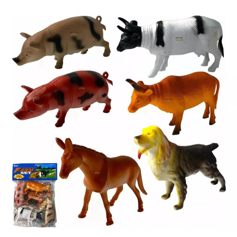 Kit 6 Animais Grande Fazenda Fazendinha Brinquedo Borracha