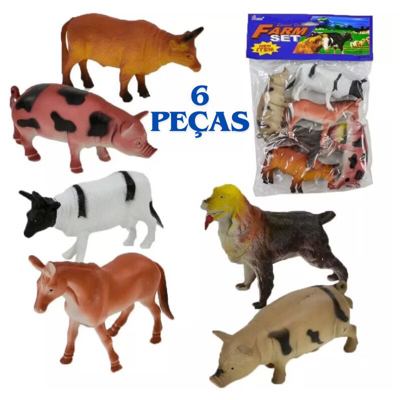 Kit Animais Fazenda Grande Fazendinha Brinquedo Borracha com 6 peças