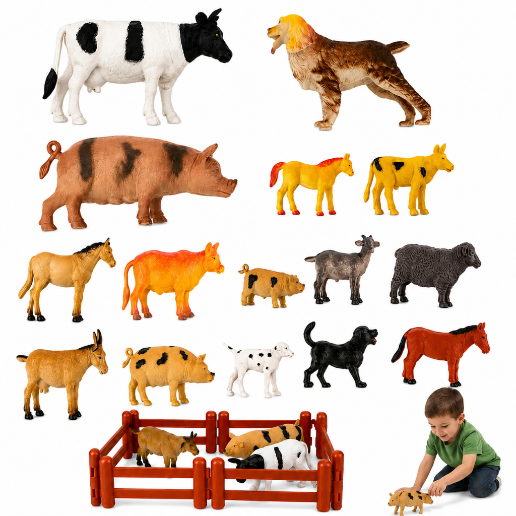 Kit 15 Animais Fazenda Fazendinha Cerca Borracha Brinquedo Zoológico Realista Reino Animal Maquete