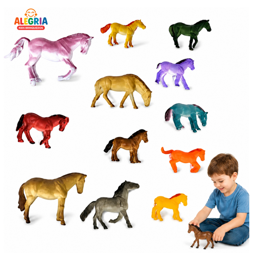 Kit 12 Cavalos Borracha Animais Brinquedo Fazenda Infantil Educativo Realista Colecionável Maquete