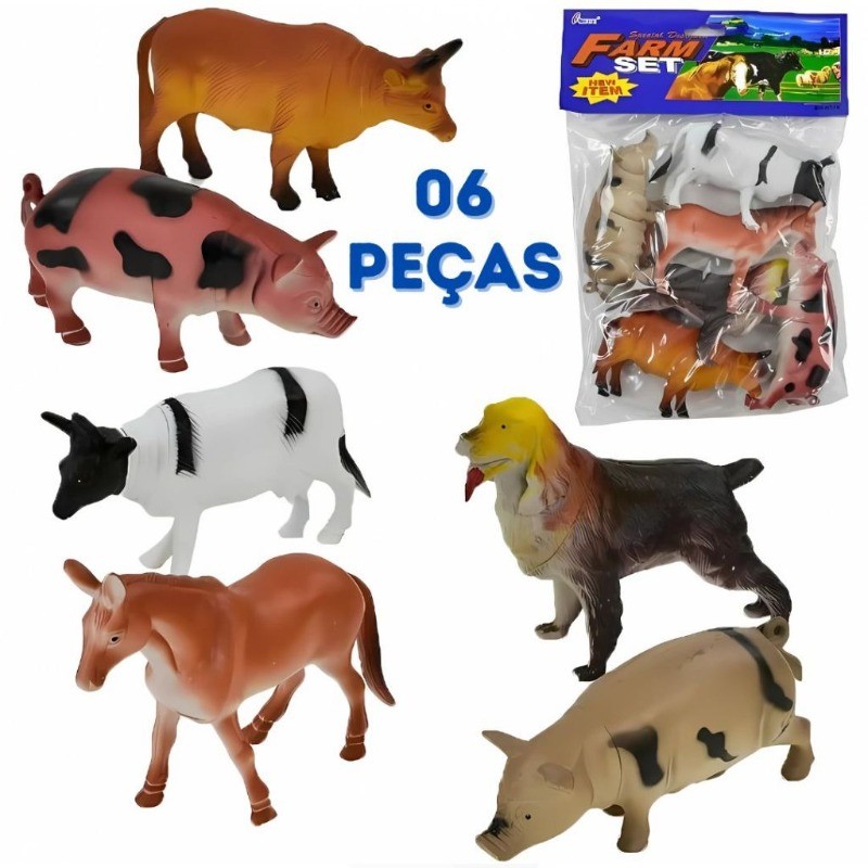 Kit 6 Animais Grande Fazenda Fazendinha Brinquedo Borracha