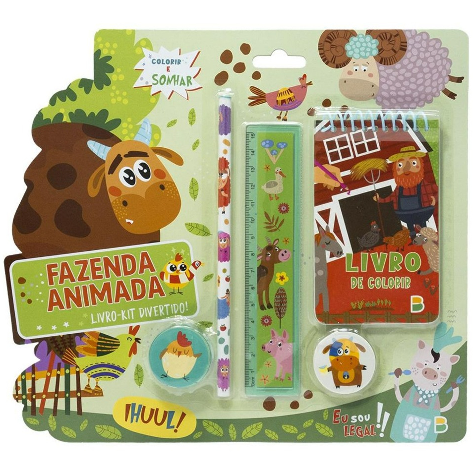 kit Colorir e Sonhar  Livro espiral Acompanha lápis, régua, borracha e apontador - fazenda, unicornio,herói, Dinossauros