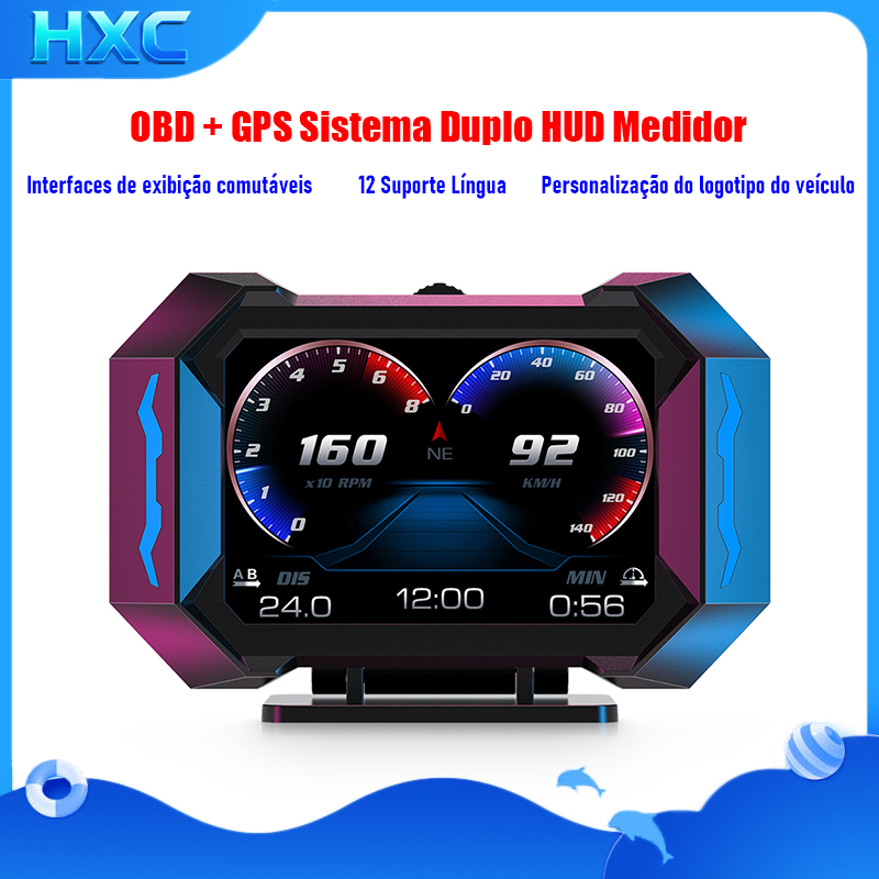 OBD + GPS Sistema Duplo HUD Medidor Multifuncional Velocidade RPM Temp Inclinômetro Bússola Alarme Para Carros