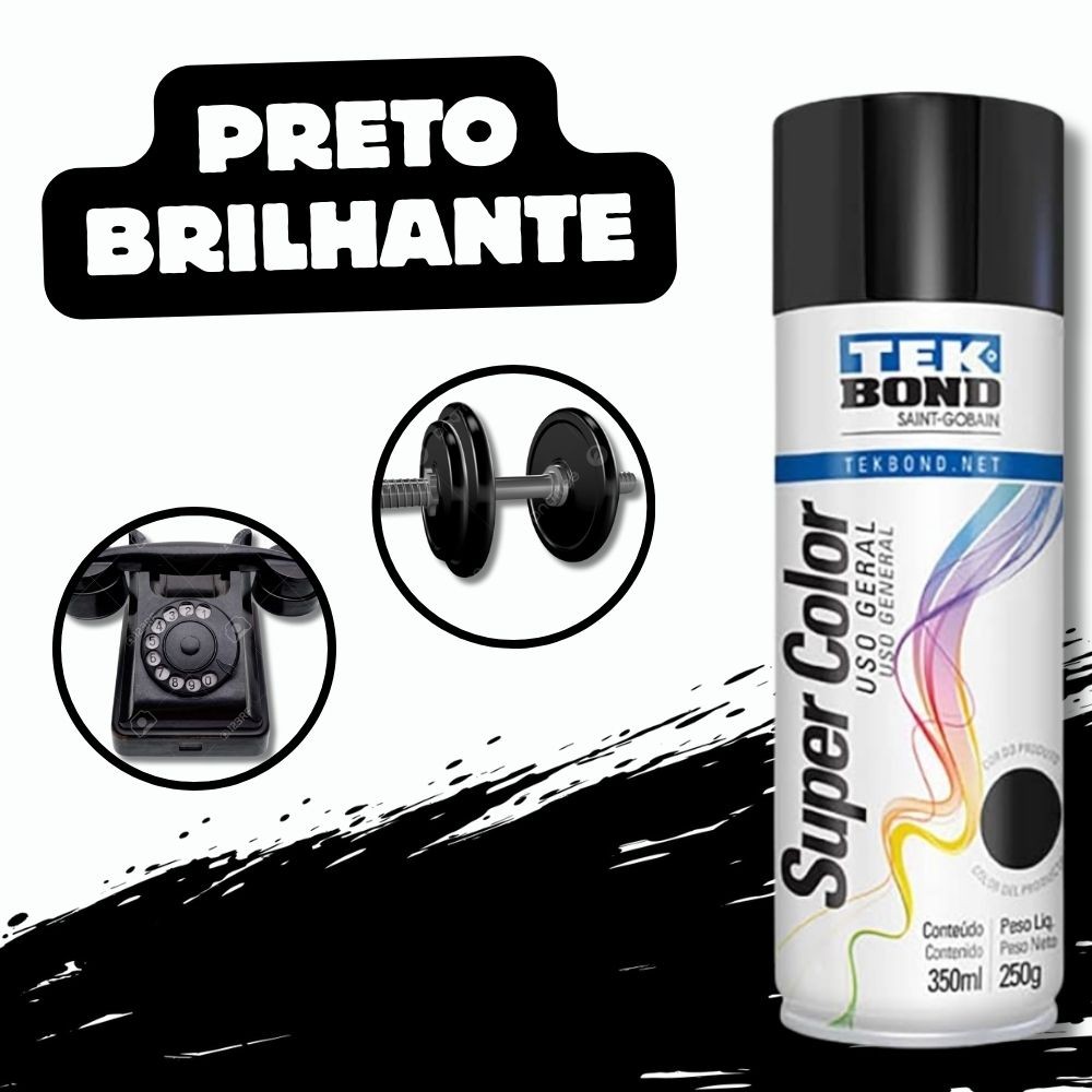 Tekbond Tinta Spray Preto Brilhante – 350ml para Madeira, Metal e Mais