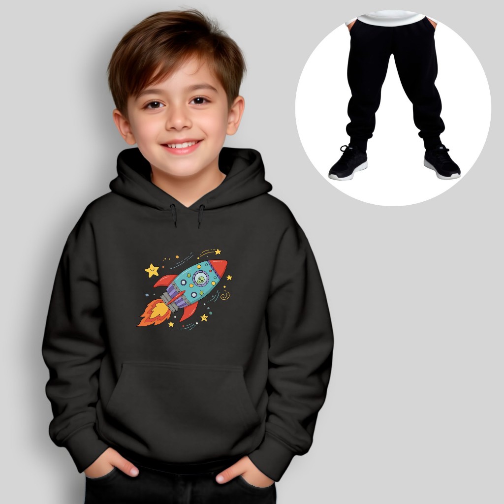 Conjunto Infantil Moletom Foguete no Espaço + Calça Preta – Estampa Divertida, Com Capuz e Bolso Canguru