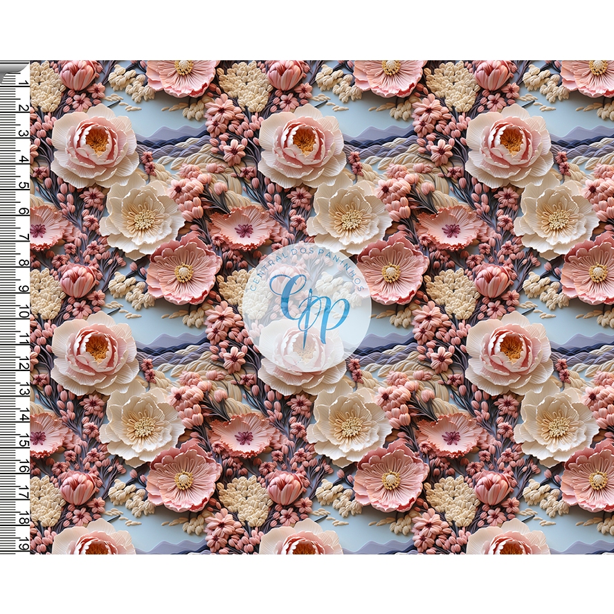 Tecido tricoline, microfibra ou gabardine - Floral - Taina - bordado - 3D - 0.50CM