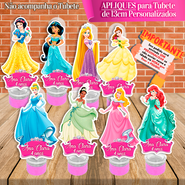 Apliques Personalizados Princesas Disney Cinderela Branca de Neve Aurora Bela Tiana – Indicados para Tubetes de 13 cm