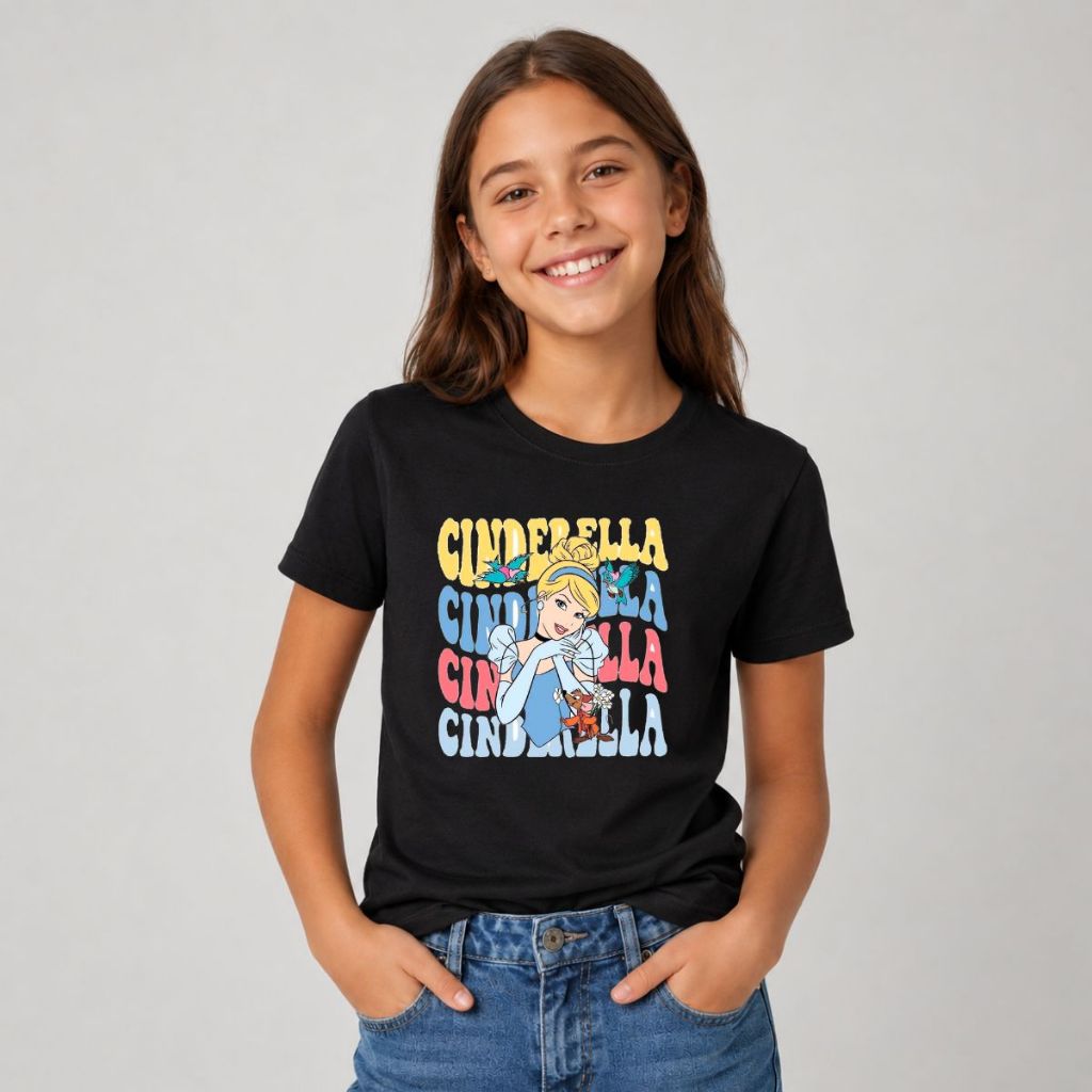 Camiseta 100% Algodão Infantil Feminina Princesas T-shirt Estampada Camisa Cinderela Disney Menina