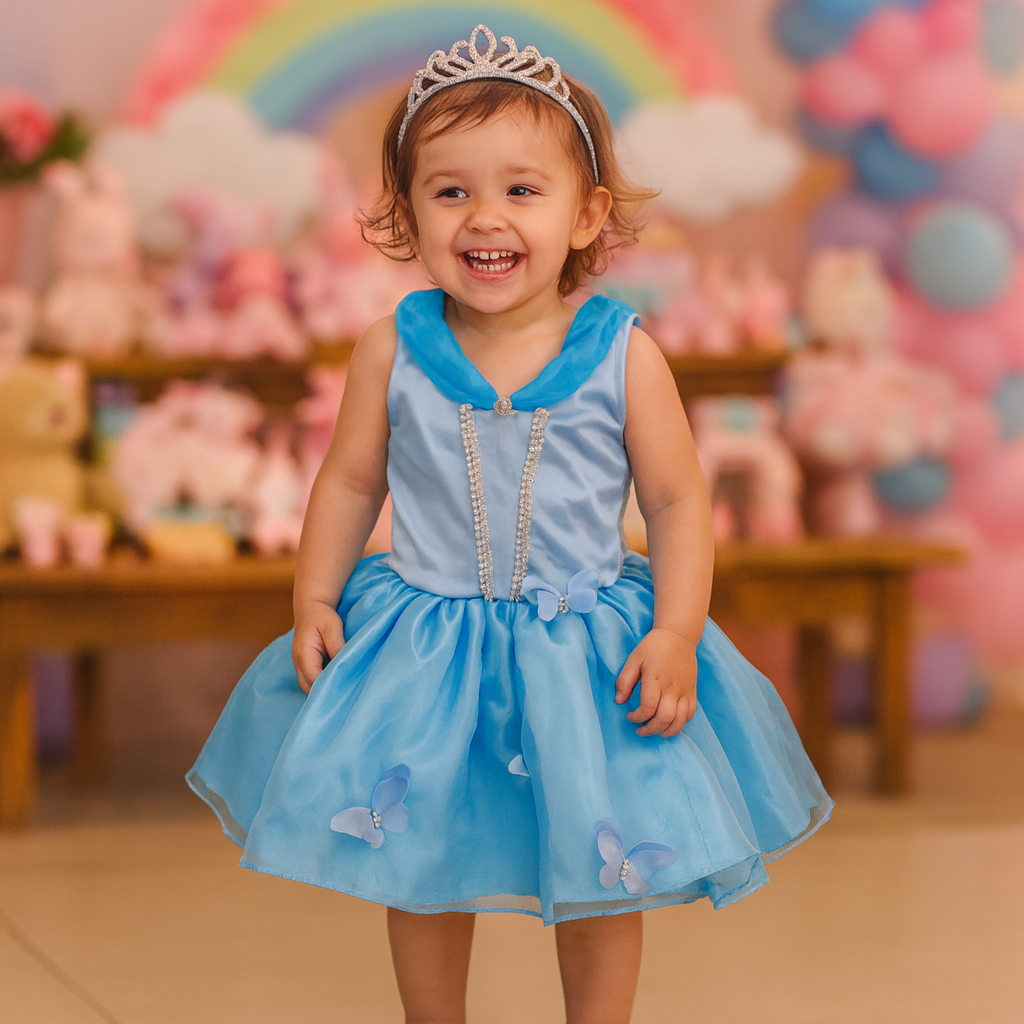 Fantasia Infantil Luxo Menina Princesa Disney Cinderela com Tiara