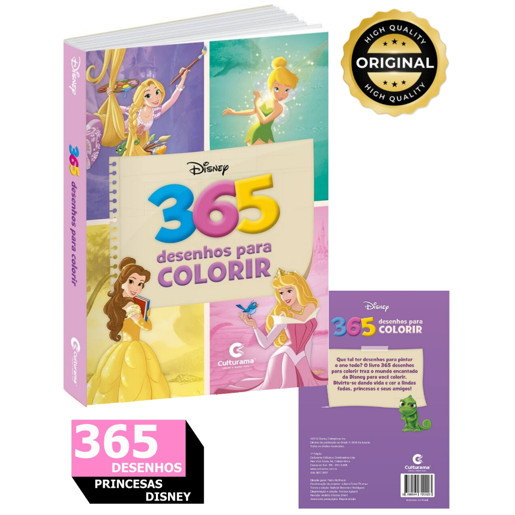 Livro 365 Desenhos Colorir Princesas Disney Fadas Ariel Branca de Neve Cinderela Bela Tinker Bell Lembrancinha Presente