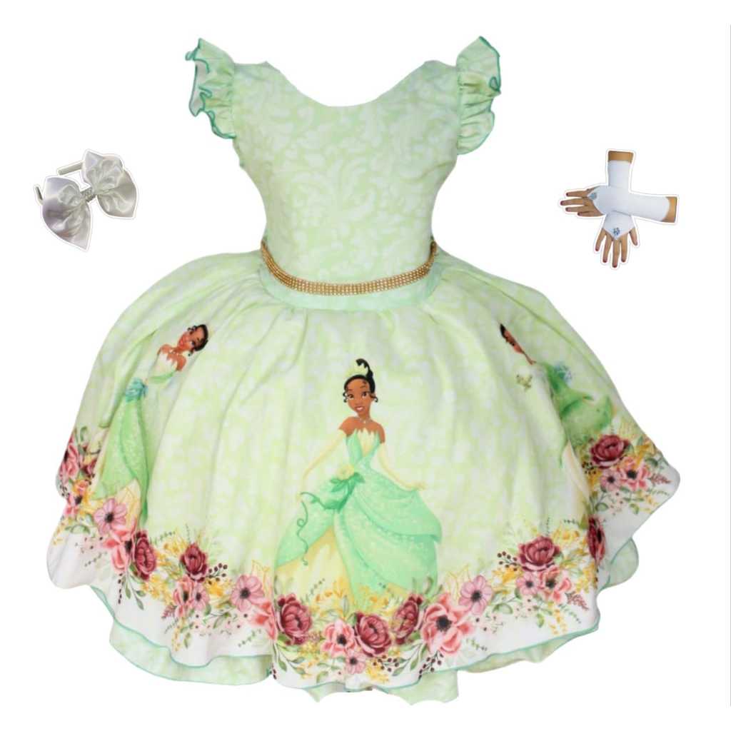 Vestido Princesas Cinderela Tiana Elegante Disney Com  Tiara E Luvas.