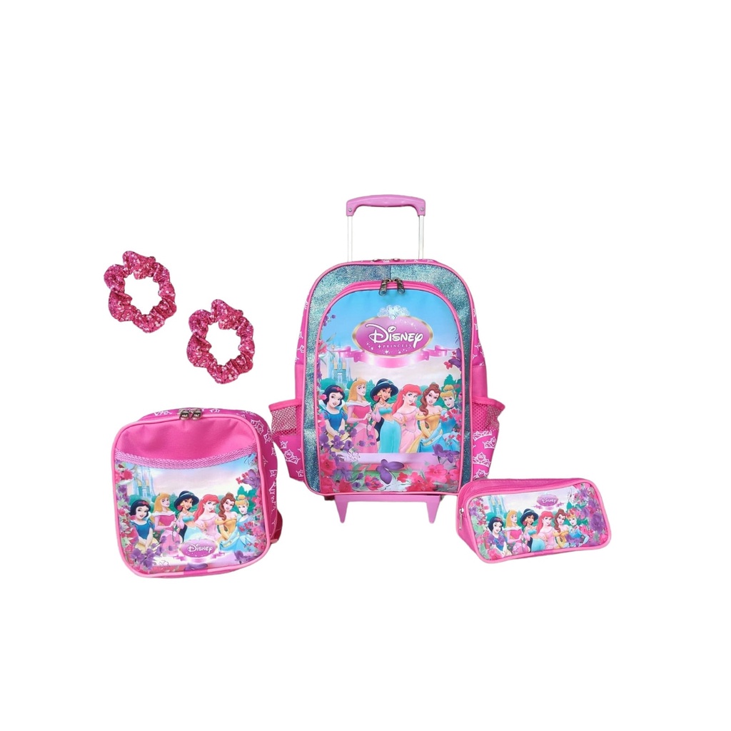 KIT MOCHILA DE RODINHAS INFANTIL ESCOLAR PRINCESAS DA DISNEY MENINAS ROSA ARIEL CINDERELA BRANCA DE NEVE