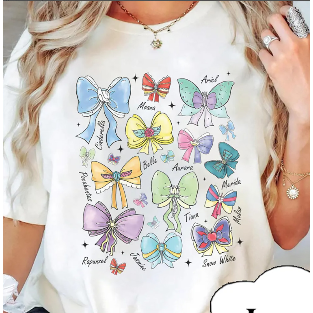 Camiseta Unissex Oversized Plus Size Feminina Masculina da Disney, Design de Laços Coloridos das Princesas (Cinderela, B