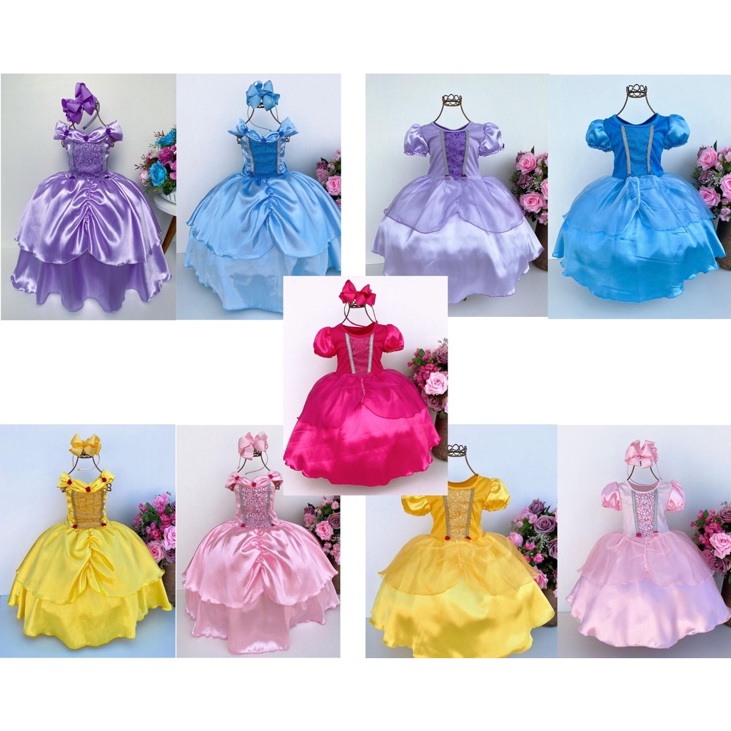 Vestido Fantasia princesas disney bela e a fera Cinderela branca de neve Rapunzel