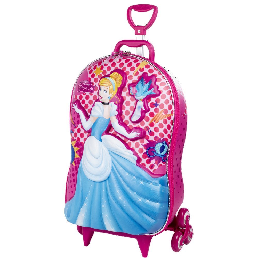 Mala Infantil Cinderela Princesa Disney 3D Rodinhas Menina Carruagem Rosa Viagem Escola Bagagem