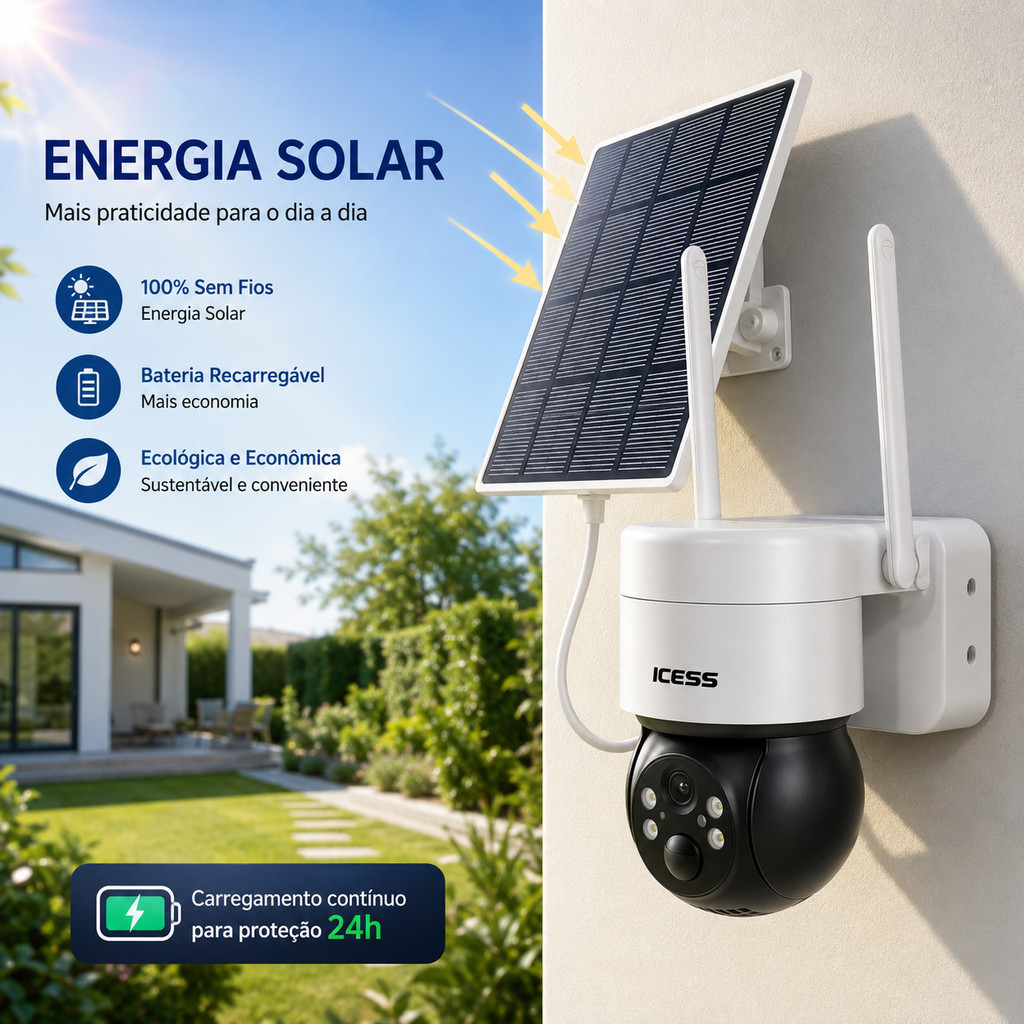 Camera de Seguranca Solar Externa PTZ WiFi 3MP Visao Noturna Suporta Cartao TF