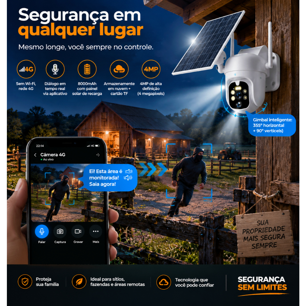 Câmera Solar 4G 4MP PTZ IP66 8000mAh – Ideal para Sítio, Fazenda e Chácara