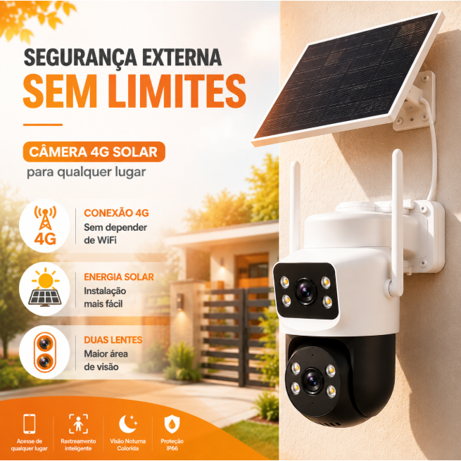 Câmera Solar 4G IC-Q10B-4G 4MP PTZ IA com Dupla Lente, Visão Noturna, IP66 e Rastreamento com Cartão 64GB Externa