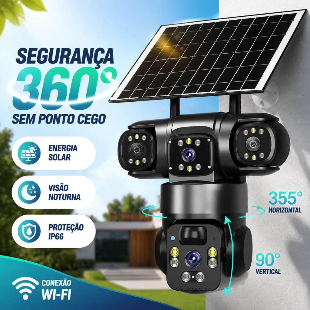 Câmera de Segurança Solar Wi-Fi 360° PTZ 3 Lentes IP66 Visão Noturna Monitoramento Externo