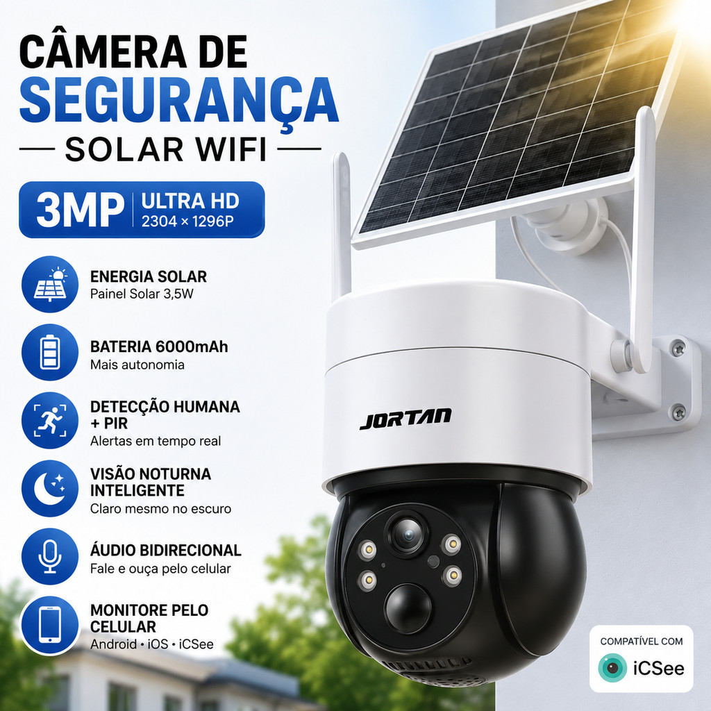 Câmera Segurança Solar WiFi 3MP iCSee PTZ Visão Noturna PIR 6000mAh