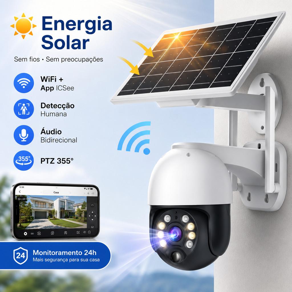 Câmera Solar WiFi PTZ ICSee 6MP Detecção Humana Áudio Visão Noturna ONVIF