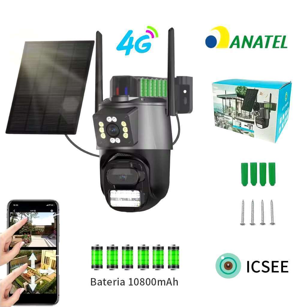 Câmera de Segurança 4G Solar com Bateria 10800mAh, IP66, PTZ 355°/90°, Detecção Humana, Áudio 2 Vias (iCSee)