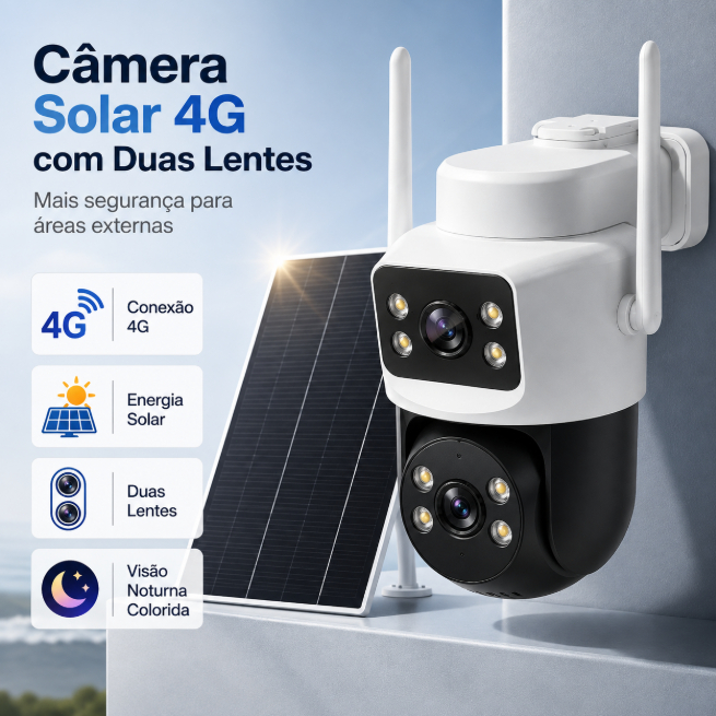 Kit 3 Câmera Solar 4G IC-Q10B-4G 4MP PTZ IA com Dupla Lente, Visão Noturna, IP66 e Rastreamento com Cartão 64GB Externa