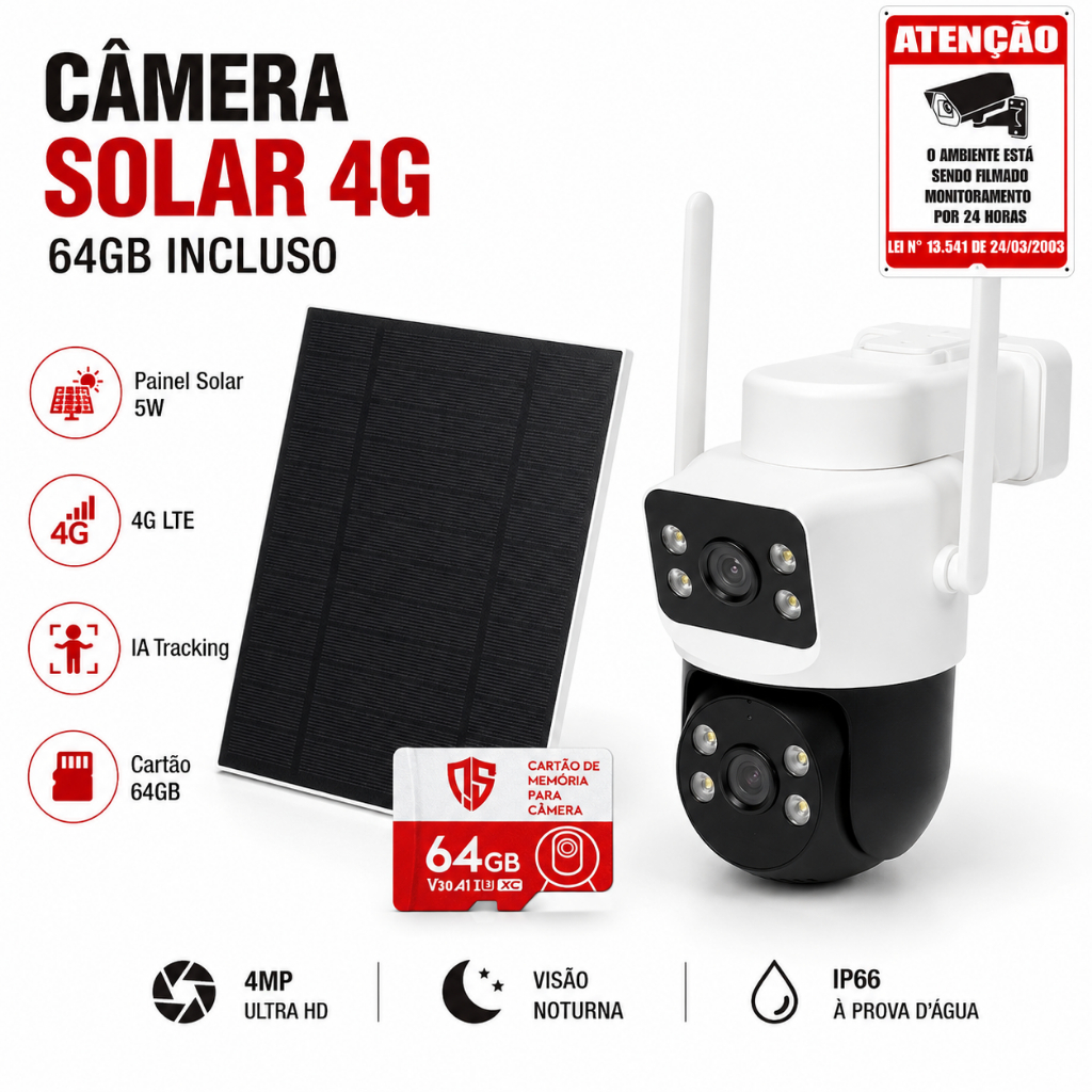 Câmera Solar 4G IC-Q10B-4G 4MP PTZ IA com Dupla Lente, Visão Noturna, IP66 e Rastreamento com Cartão 64GB Externa
