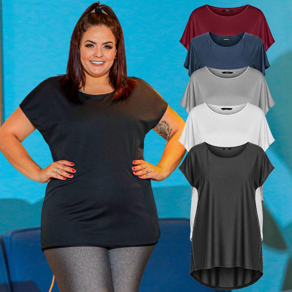 Kit 5 Camisas Plus Size DryFit Respirável Academia Fitness Dia a Dia Soltinho Tapa Bumbum Promoção