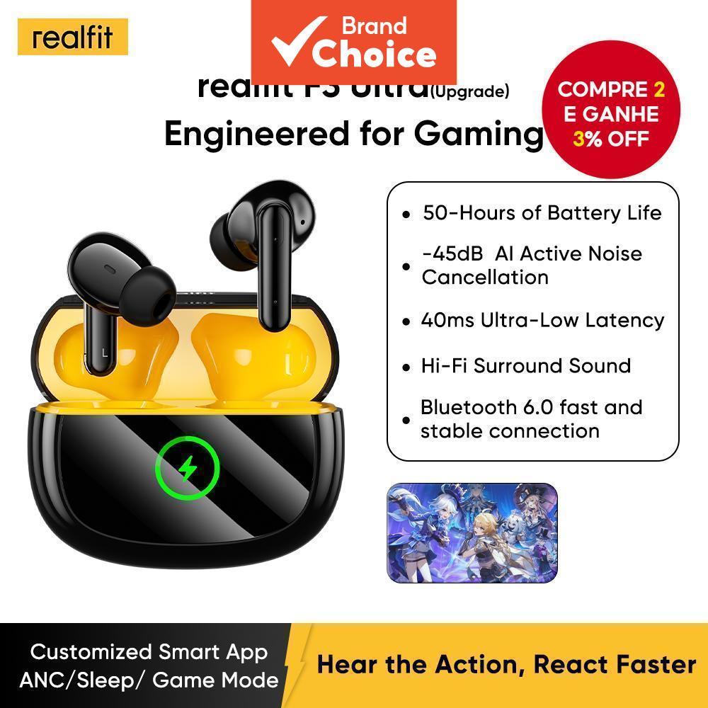 Realfit F3 Ultra Fones De Ouvido Cor Preta TWS-45dB ANC Flash Charge Graves Mais Profundos Bateria 50H APP EQ Configuraç