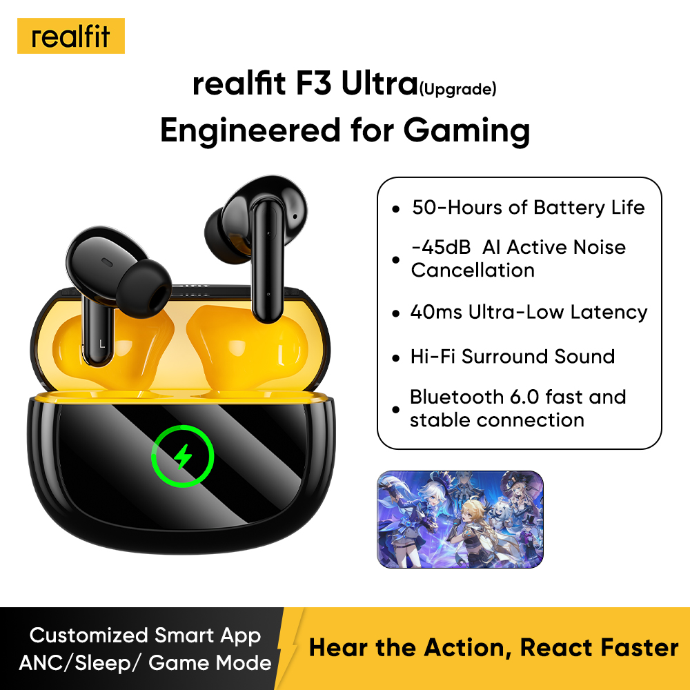 Realfit F3 Ultra Fones De Ouvido Cor Preta TWS-45dB ANC Flash Charge Graves Mais Profundos Bateria 50H APP EQ Configuraç