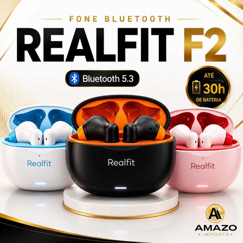 Fone Bluetooth Realfit F2 TWS Sem Fio Bluetooth 5.3 Touch com Microfone Até 30 Horas Android e iPhone