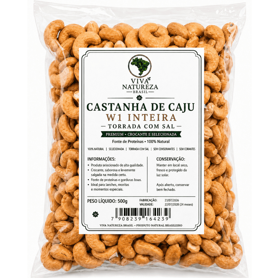 Castanha de Caju W1 Inteira 500g Torrada com Sal Premium Crocante e Selecionada