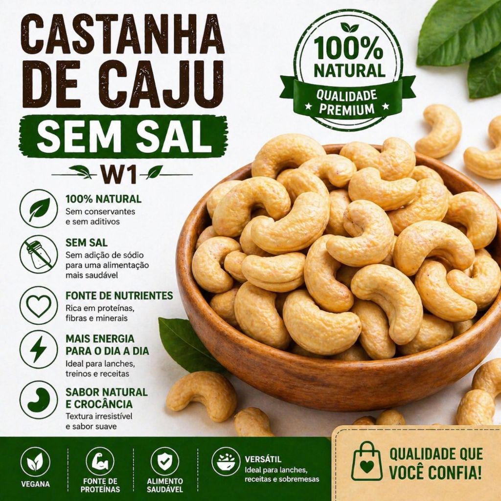 Castanha de Caju W1 Sem Sal Inteira Premium Selecionada Embalada a Vácuo Natural