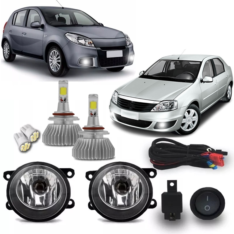Kit Farol Milha Neblina Auxiliar Renault Logan Sandero 2007 2008 2009 2010 2011 2012 + Kit Super Led 6000k