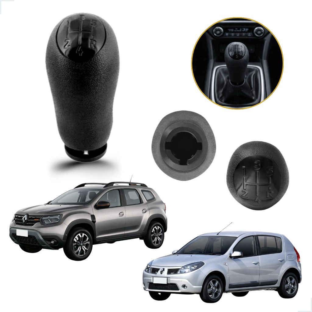 Manopla Câmbio 5M Preta c/ Bucha Logan Sandero 2007 a 2024, Megane II 2006 a 2013 Duster 2011 a 2020