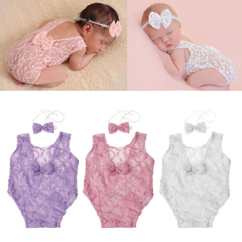 Baby Photography Props Backless Hollow Bowknot Lace Romper Newborn Girls Outfit