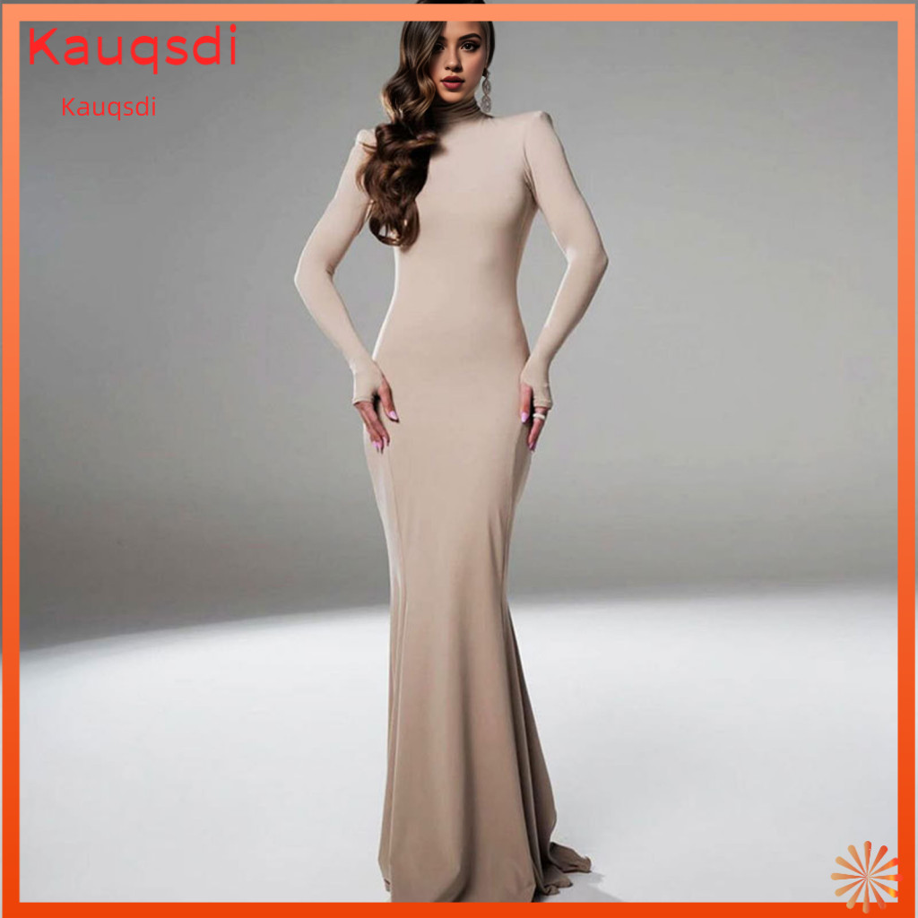 Women Backless Dress Tight Women’s Long Sleeve Evening Slim Fit Solid Color Sheath with Hollow Back Floor-length Stret