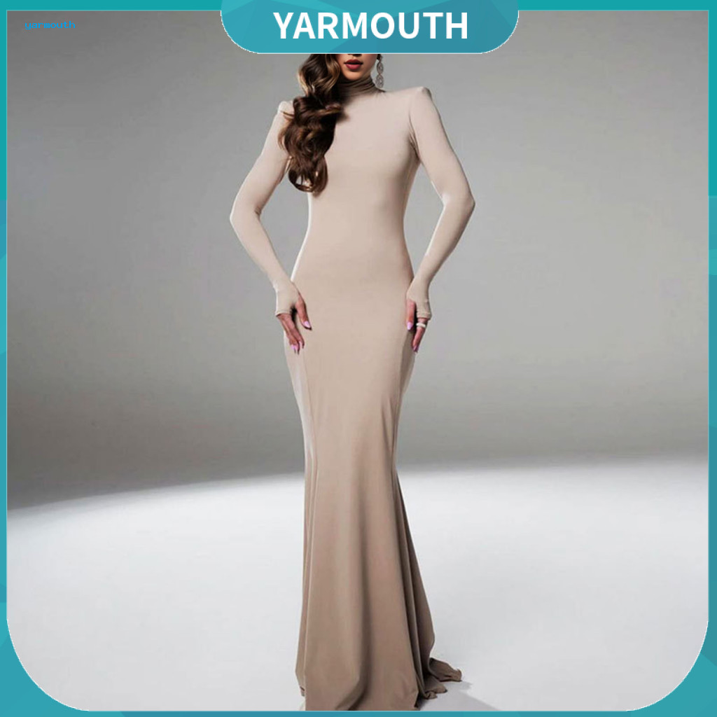 Half-high Collar Dress Women Backless Women’s Long Sleeve Evening Slim Fit Solid Color Sheath with Hollow Back Floor-l