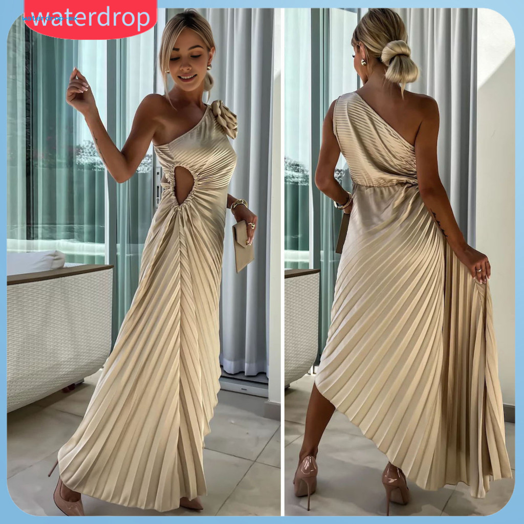 Women Evening Dress One Shoulder Pleated Flower Decor Hollow Out Backless Irregular Hem Midi for Cocktail Party Wedding
