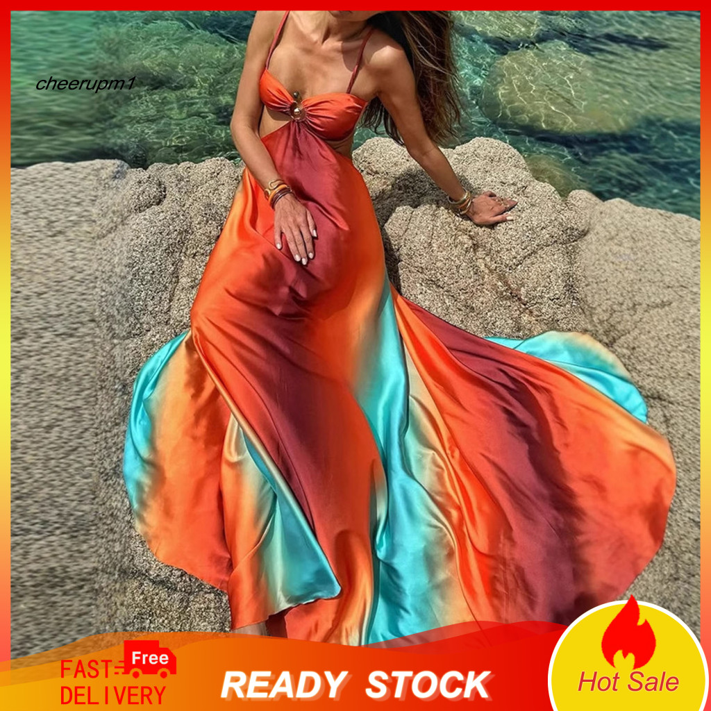 Women Suspender Dress Beach Slip Summer Low-cut Waist Backless Hollow Out Vacation Contrast Color A-line Maxi for Tropic