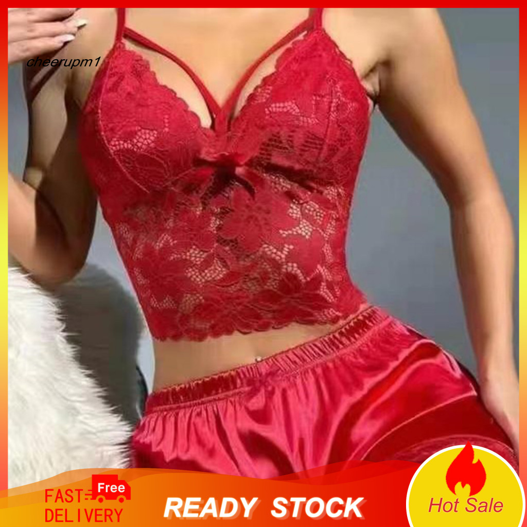 Lace Pajama Set Women Sleep 2 Pcs Satin Sleepwear Hollow Out V Neck Backless Crop Top High Waist Shorts Summer Home Vaca