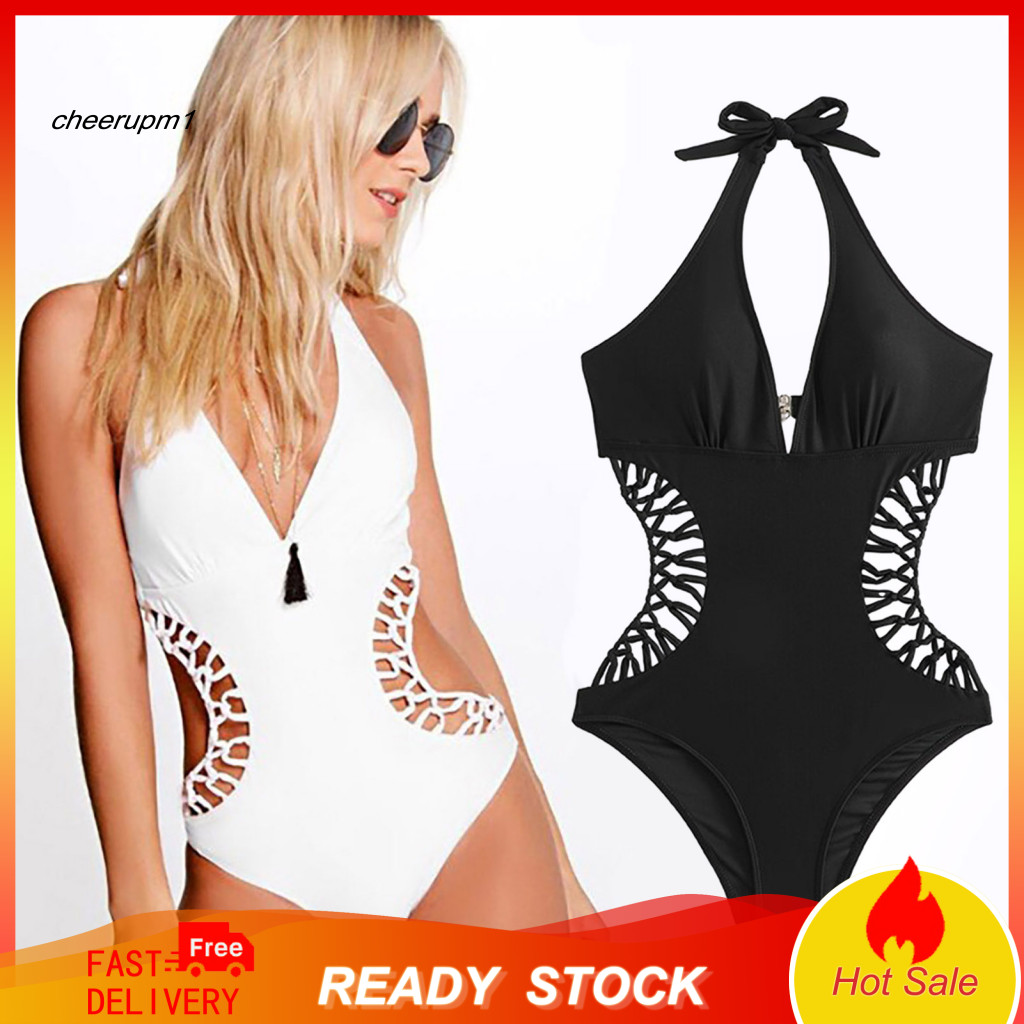 Solid Color Backless Swimsuit Women’s Summer Beach Monokini – Hollow Out Braided Halter Neck High Waist Quick-dry So
