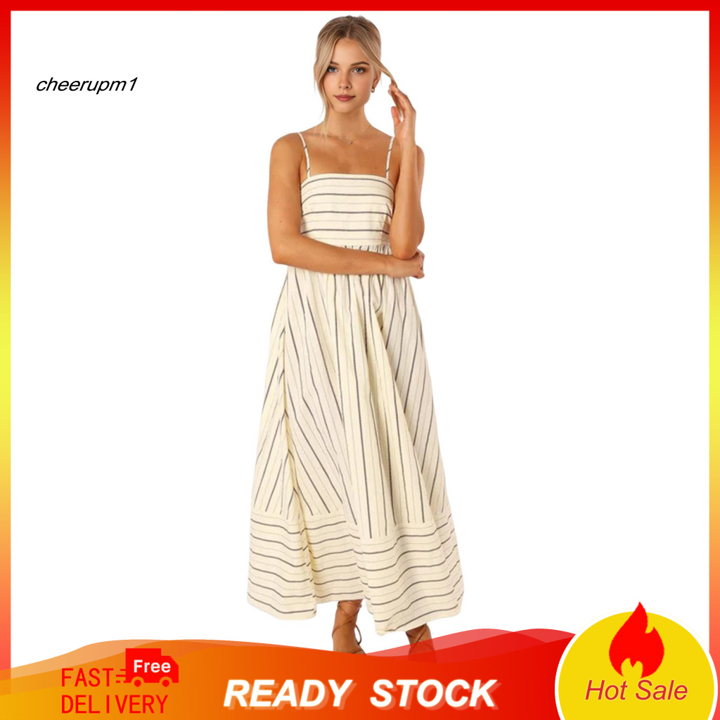 Women Striped Dress Collarless Summer Women’s Backless Spaghetti Strap Hollow Out A-line Maxi – Beach Vacation Ankle