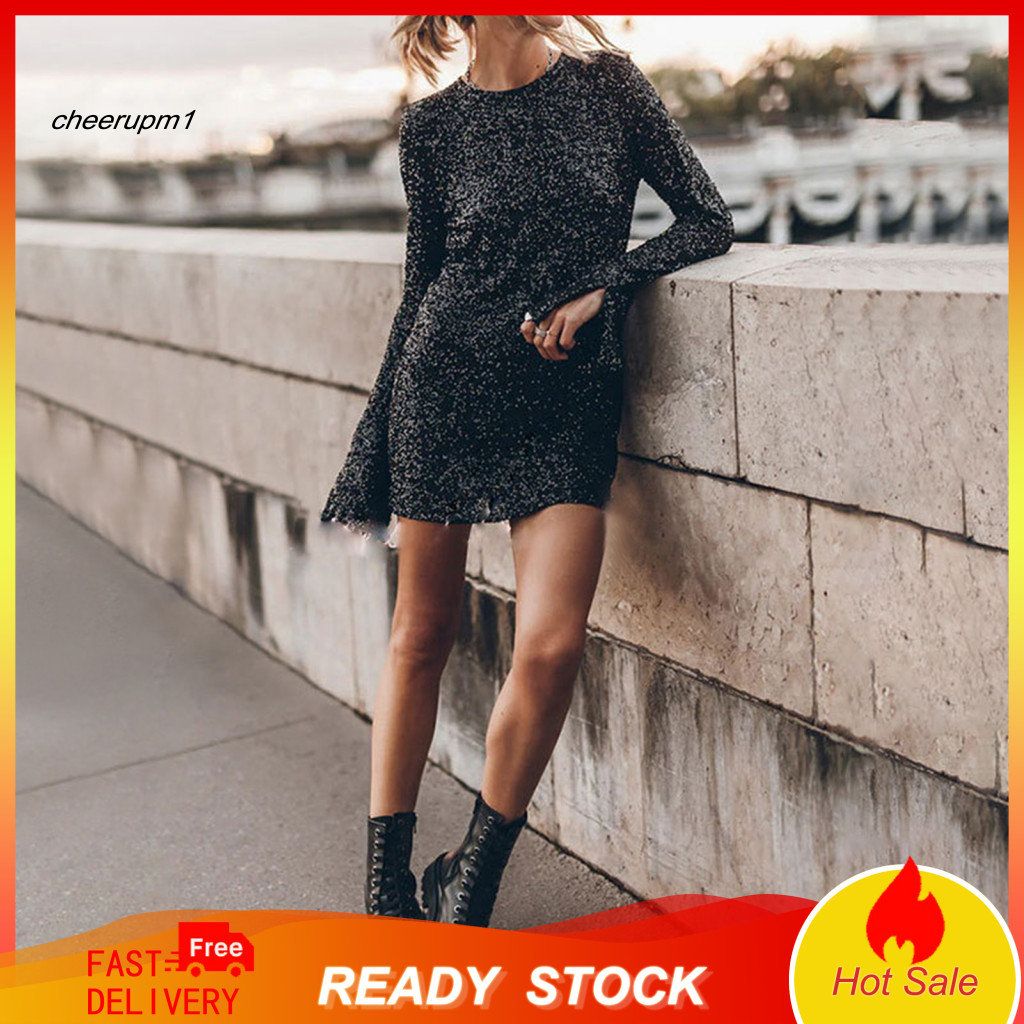 Women Backless Dress Cocktail Fall Spring Women’s Sequin Mini Hollow Back Round Neck Long Bell Sleeves Slit Cuffs Part